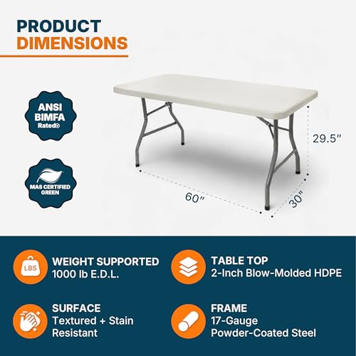 OEF Furnishings OEFBT Series Rectangular Commercial-Grade Premium Industrial Folding Table, Heavy-Duty Blow-Molded Design with Thick Top and 17-Gauge Steel Frame (30" × 60", Speckled Gray Top)