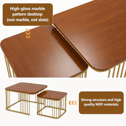 Image of Square Nesting Table Set of 2 - Marble MDF Top Coffee & Side Tables with Iron Frame for Living Room, Bedroom & Home Decor (Gold & Brown, L-51x48 cm, S-41x41 cm)