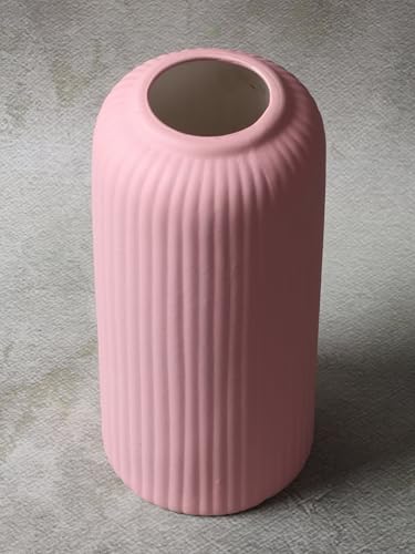 Image of KREATIVE ART'S Modern Ribbed Design Ceramic Flower Vase for Living Room, Flower Pots for Artificial Flower, Home Decoration Item, Home Decor, Vases for Living Room (Pink, Large)