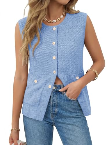 Image of Yousify Womens Sweater Vest Sleeveless Button Down Round Neck Knitted Tank Tops Casual Cardigan with Pockets