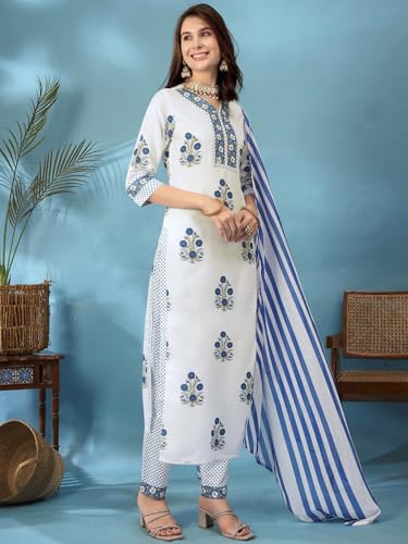 Image of Tee Projekt Women's Cotton Blend Floral Printed Straight Kurta Pant with Dupatta Set ll V Neck Kurta Set