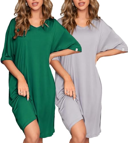 Image of ft FENTENG 2-Pack Women's Nightgowns Short Sleeve Nightshirt V Neck Soft Sleepwear Casual Sleepshirts Loose Pajama Dress