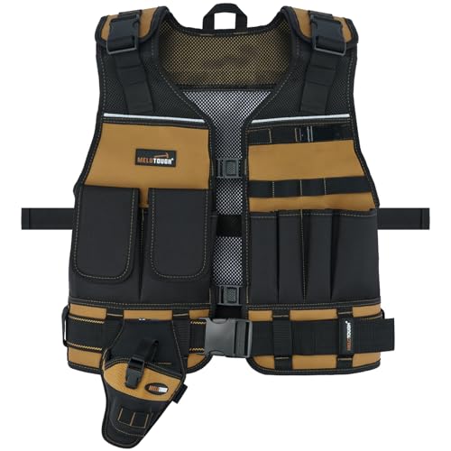 MELOTOUGH Electrician Tool Vest with Drill Holster Adjustable Utility Tool Vest with Multi-Pocket Storage Detachable 2 Inch Wide Belt Reflective Strips for Men Construction Carpenter (Brown)