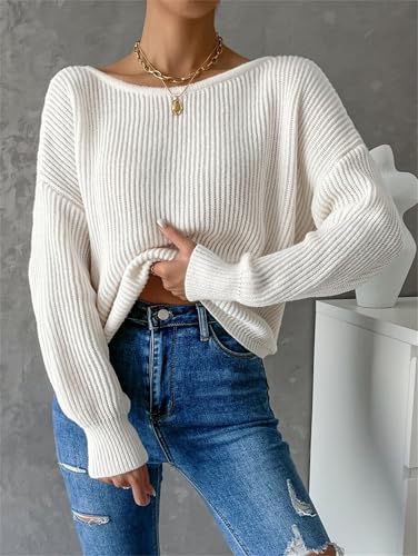 SKAYS Open Back Sweater for Women, Women Criss Cross Boat Neck Long Sleeve Crop Sweater, Frenchy Twist Back Sweater2