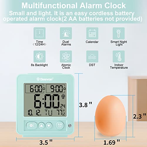 Geevon Small Atomic Travel Alarm Clock With Auto/8S Backlight, 2 Alarm Clocks, Temperature, Increasing Beep Sounds Digital Atomic Travel Clock Battery Operated For Bedroom, Bedside(Mint) #TOP4
