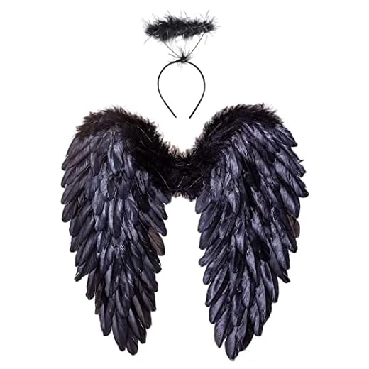 Winwild Alas de Angel con halo,Disfraz de alas de Angel y Demonio para señoras y niñas niños para Halloween Carnaval Cosplay Fiesta Disfraces(Negro,45 x 45 cm)