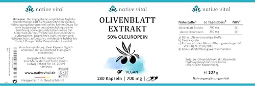 Olivenblatt Extrakt - 50% Oleuropein - 700mg pro Tagesdosis - 180 Kapseln - Made in Germany - Vegan - Premium Qualität