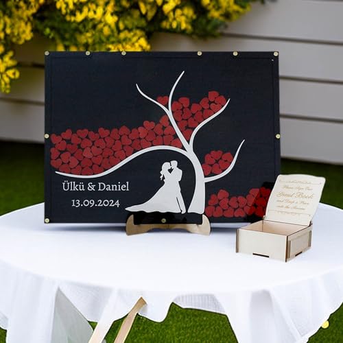 JeathFea Hochzeits Gästebuch aus Holz - inkl. 50-300 Herzen zum Beschriften - Hochzeitsdekoration - Alternative Hochzeitsgästebuch