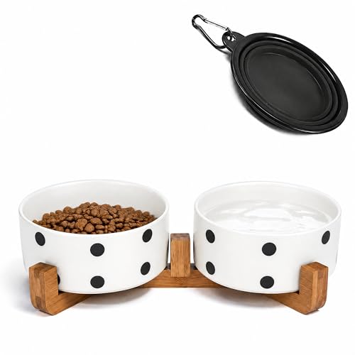 Petygooing Ceramic Dog Bowl Set with Stand,Cat Pet Food and Water Dishes,Small Dog Bowls Anti -Slip Set of 2 Cat Bowls Pet Food Dish Small Size Pet (13.5OZ/5.1 in) Black Dot by Petygooing - Used condition - US$23.66