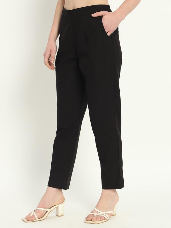 Image of Women's Solid Straight Fit 100% Cotton Trousers | High Waist, Side Pockets, Ankle Length Pants for Office, Casual