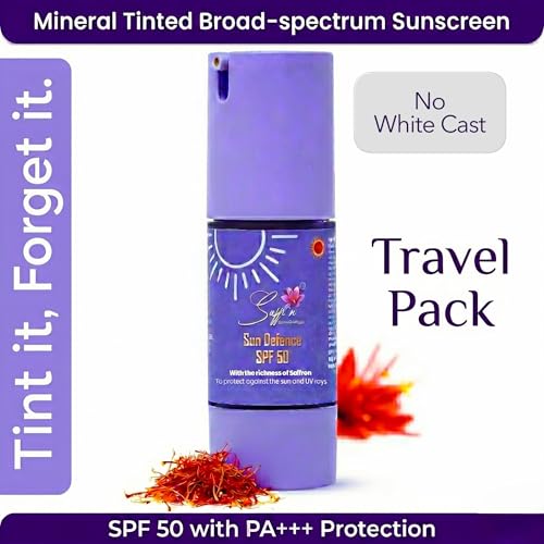 Image of Tinted SPF50 PA+++ Mineral Sunscreen | Zinc & Titanium Oxide| 4% Saffron extract & 1% Hyaluronic acid | For All Skin Type | Lightweight | No White Cast | Broad Spectrum | Travel pack 30 ml