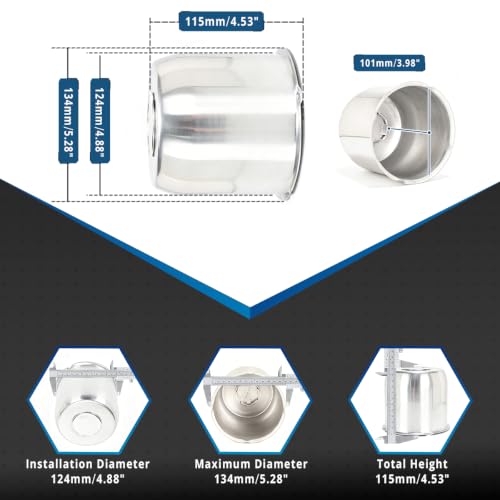 Eloxiumy Wheel Center Caps Fit 4.88" Bore, 4.53" Tall Bearing Push Through Hub Cap, Clear-Coated Polished Aluminum Wheel Caps for Trailer Truck RV(4 Pack) by Eloxiumy - Used condition - Image 2