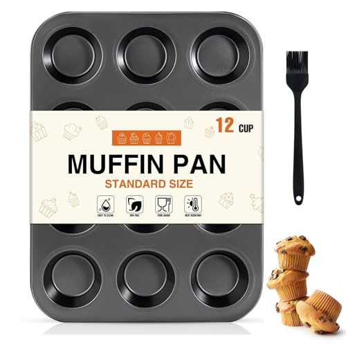 OAMCEG12 Cup Nonstick Muffin Tray Set of 1 - Carbon Steel Baking Tin with Silicone Brush - Non Stick Oven Tray for Cupcake Moulds, Pudding, Yorkshire, Mini Cake, Family Baking, Kids, Gifting