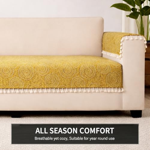 Image of STITCHNEST Woven Fabric Sofa Cover 3 Seater with 2 Hand Rest Covers - Washable Green Sofa Cover with Tassels - Durable Premium Fabric - Stylish Sofa Protector for Living Room & Furniture Decor