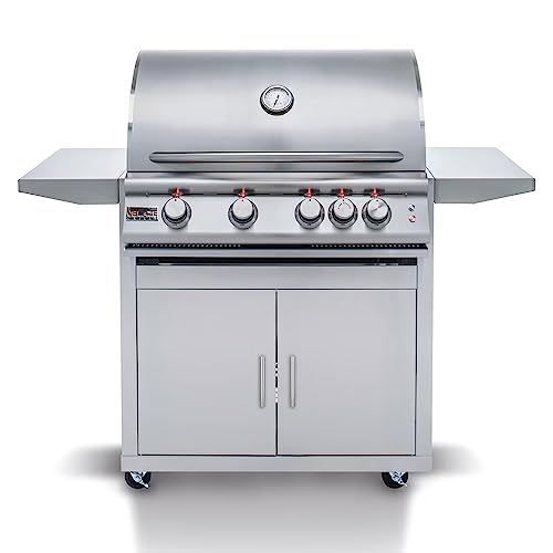 Blaze Outdoor Grill Freestanding 32-Inch Stainless Steel Natural Gas BBQ Grill with 4 Burners, Rear Infrared Burner, Interior Grill Lights, and Heavy Duty Cart - BLZ-4-NG