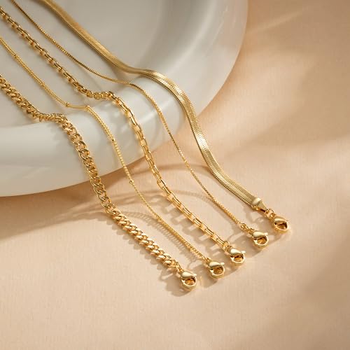 Bracelet for Women - Dainty Stack Bracelets Trendy Adjustable 14K Gold Plated Thin Paperclip Bead Box Satellite Figaro Cuban Link Chain Bracelet Set for Women Waterproof Jewelry Gift