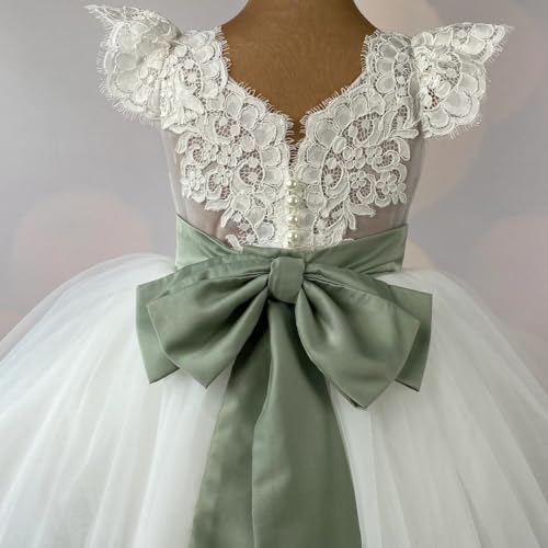 Custom Flower Girl Dress Tulle Floral Pattern Appliques Top with Green Bow Belt Cap Sleeve for Wedding Party Birthday Banquet Holy Communion Gowns3