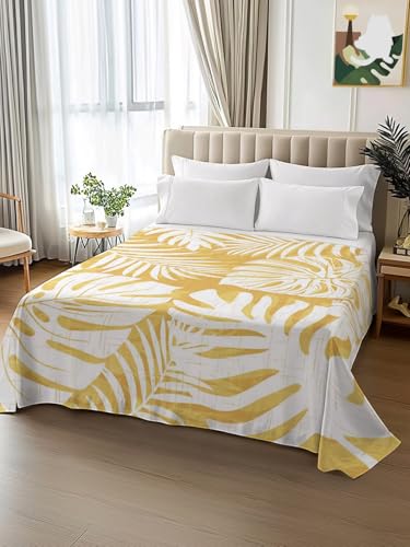 Palm Tree Monstera Queen Size Flat Sheet,Wrinkleproof Lightweight Soft Top