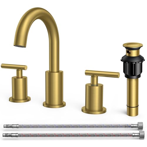 FORIOUS 8 Inch Widespread Brushed Gold Bathroom Faucet 3 Hole, 2 Handle Gold Sink Faucet Bathroom Vanity with 360 Degree Swivel Spout, with Metal Pop Up Drain and cUPC Supply Line, for 6 to 12 In Sink