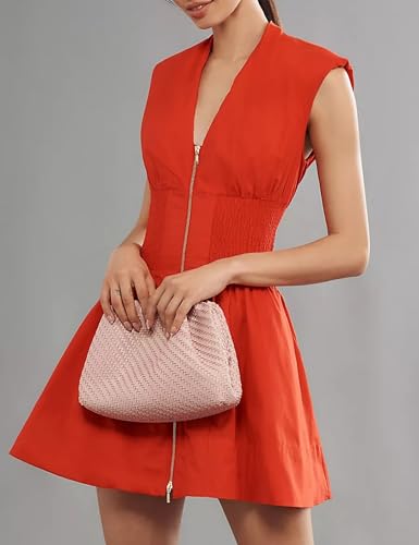 Image of Women's V Neck Summer Dress Cap Sleeve Zipper Mini Dress Smocked Slit Dress with Pockets