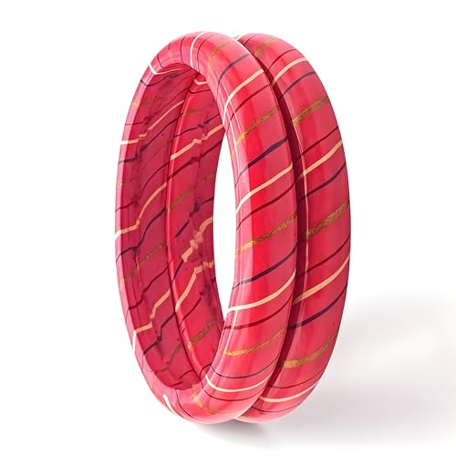 Image of Traditional Rajasthani Lac Bangles for Women and Girls, Jaipuri Lahariya Design Lakh Lah Kada, Multicolor Striped Pattern, Red Green Maroon Sky Blue Pink Purple Yellow Grey Set of 2