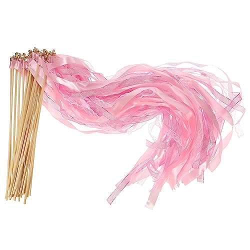 PATIKIL Ribbon Sticks Fairy Wands, 25 Pack Lace Silk Fairy Stick Wand Send Off Streamers for Wedding Party Birthday Holiday Celebration, Pink