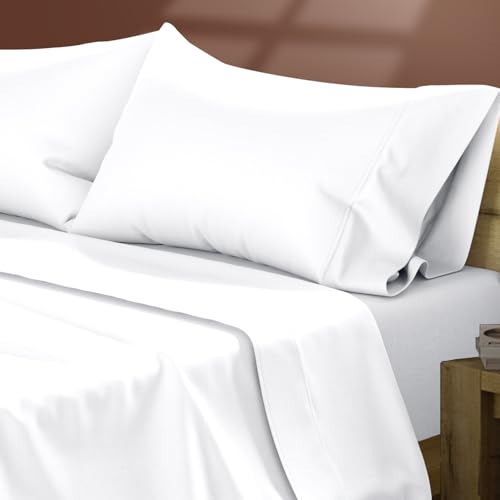 TEXAS LINEN CO. Egyptian Cotton Sheets Twin Size Everyday Bedding Twin Cotton Sheets (4 PC White) Soft & Durable Cooling 16 Deep Pocket Sateen Hotel Bedding Set - Easy Breezin Collection