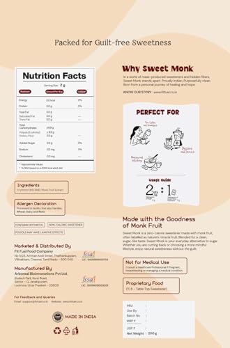 Image of Sweetmonk Monk Fruit Sweetener, 200g, Zero Calorie, Natural Sugar Substitute, Keto, PCOS, Diabetic Friendly, Gluten Free, Non-GMO (200g)