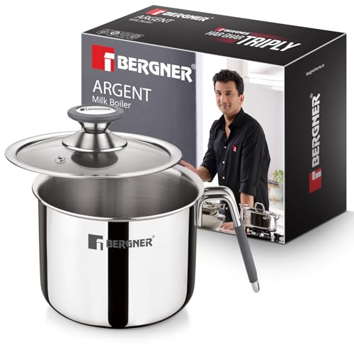 Image of Bergner Argent Triply Stainless Steel 12cm (1 L) Milk Boiler with Glass Lid, Steam Vent, Flared Rim, Stay Cool Cast Handle with Silicone Grip, Even and Faster Heating, Easy to Clean - Induction Bottom