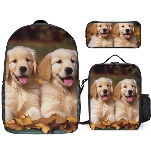Sac à dos Golden Retriever 3 pièces avec sac repas et trousse pour école et loisirs