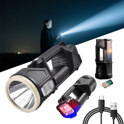 New German 1000000 Lumens Waterproof Spot Lights Handheld Large Searchlight, Rechargeable Solar Tactical Flashlight, High Lumens LED Flashlight(Black_Medium)