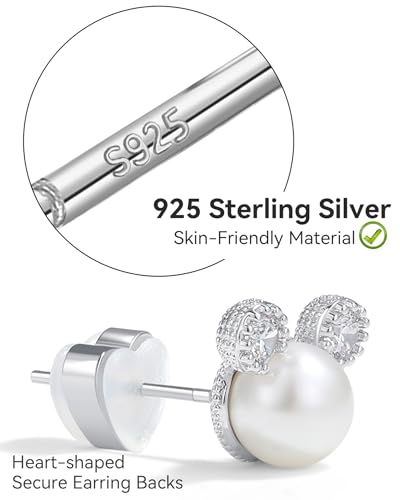 PANSTAR Pearl Earrings for Women - Hypoallergenic 925 Sterling Silver Posts with Pearls & Zircon Gems - Lightweight Mini Mouse Studs with Gift Box2