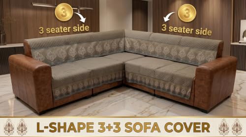 Image of KINGLY L-Shape Sofa Cover 6 Seater 3+3 Velvet Full Cover - Italian Mousse | Fully covered quilted velvet slipcover, washable anti-slip furniture protector, L-type corner sofa cover for living room