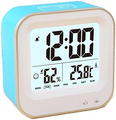Portable Travel Alarm Clock Rechargeable Small Digital Desk Clock with Temperature Humidity Week 12/24h Display Snooze Sensor Backlight Loud Alarm for Heavy Sleepers Teens Kids (Blue)