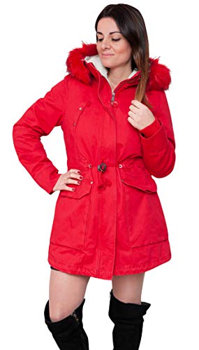 Manteau parka d'hiver Evoga femme rouge avec finitions fourrure intérieure