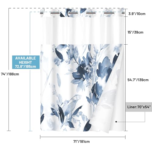 Withloc No Hook Shower Curtain With Snap In Liner - Floral Shower Curtain - Fabric Waterproof Inner Liner, Plants Navy Blue Flowers Modern Cloth Shower Curtains thumb #5