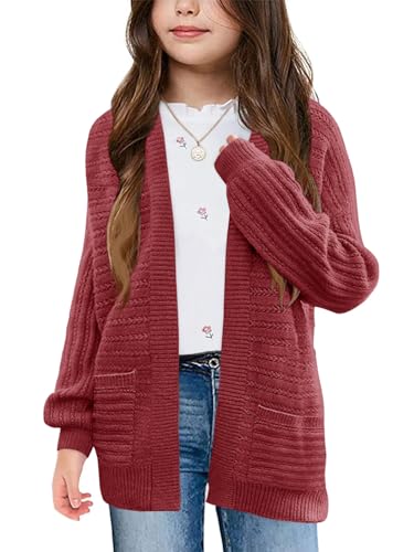 Image of Haloumoning Kids Girls Open Front Cardigan Sweaters Long Sleeve Cable Knit Fashion Clothes with Pockets 5-14 Years
