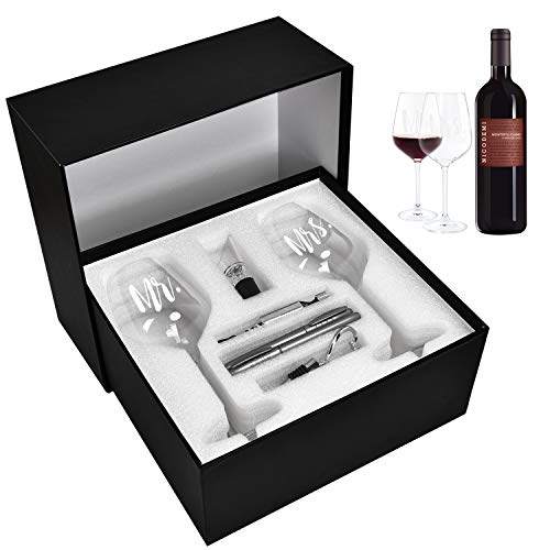 Mr Mrs Wine Glass Gfit Set For Couples, Wife Husband, Fiance Fiancee, Bride Groom, Gift Idea For Engagement, Wedding, Christmas, Birthday, Bridal Shower, Valentine's Day #TOP5