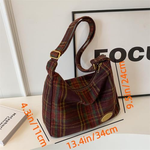 Image of Plaid Purses for Women - Wool Handbag with Pendant, Hobo Shoulder Bag and Tartan Fabric Clutch (Red)