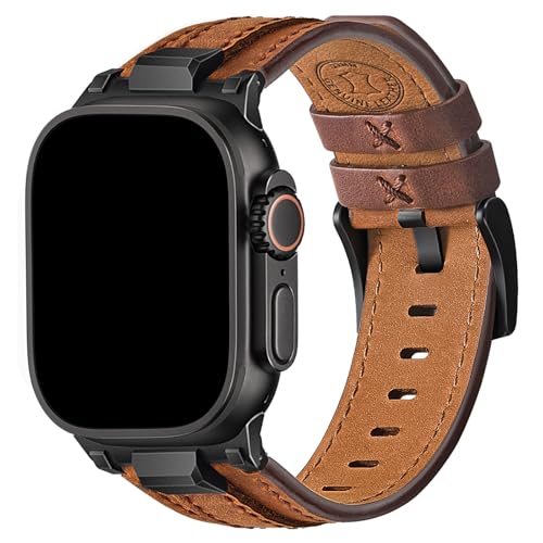 Wristitani Pulsera Cuero Compatible con Apple Watch 49mm 46mm 45mm 44mm 42mm, Cuero Auténtico Conector Metálico Duradero, para iWatch Ultra Series 10 9 8 7 SE 6 5 4 3, Marrón Oscuro+Herrajes Negro