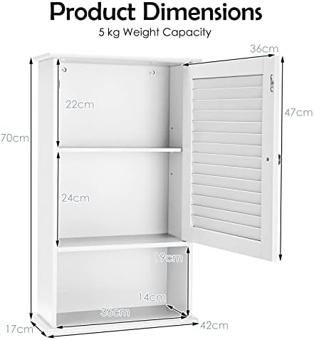 COSTWAY Bathroom Wall Cabinets, Wooden Storage Cupboard with Single Louvered Door, Adjustable Shelves and Open Compartment, Wall Mounted Medicine Cabinet for Living Room Kitchen Entryway (White)
