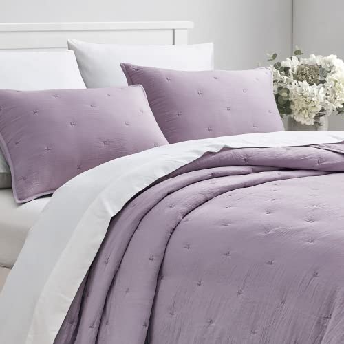 Bourina Reversible Quilt Coverlet Set Queen - Pre-Washed Microfiber Ultra Soft Lightweight Star Quilted Bedspread 3-Piece Quilt Set, Lavender #TOP1