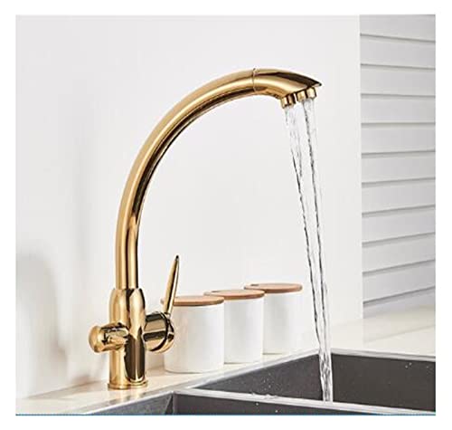 Robinet de cuisine blanc à 3 voies filtration intégrée et double sortie eau - Modèle Or doré