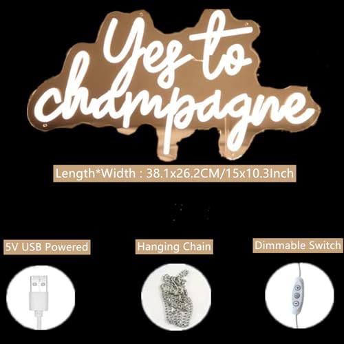 Image of Yes to Champagne Led Neon Lights Sign for Home Bar Kitchen Man Cave Pub Wall Decor, Acrylic Bar Wedding Birthday Grad Party Neon Sign with Dimmable Switch and Hanging Chain,5V Usb Powered | Acrylic Bar Wedding Birthday Grad Party Neon Sign with Dimmable Switch and Hanging Chain,5V Usb Powered