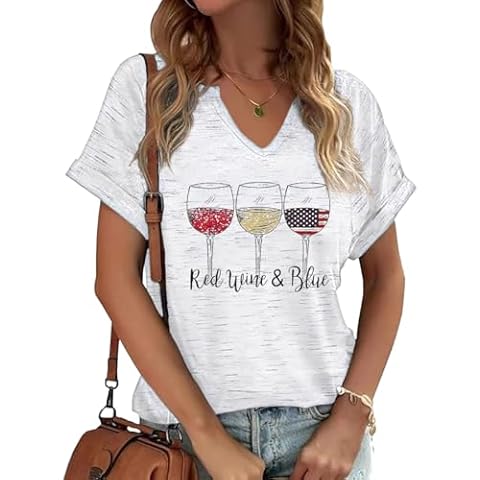 Women Red White and Blue V Neck Shirts American Flag Shirt 4th of July Tops Funny Wine Glass Graphic Tees Summer Tops(XXL,B-White-1) Cover