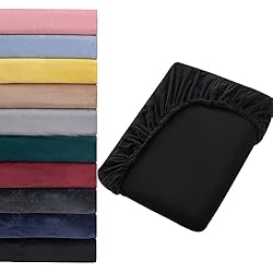Sabanas Felpa Soifox Sábana bajera ajustable de punto cálido, 180 x 200 cm hasta 200 x 200 cm, forro polar de felpa suave aterciopelada, mullida, tacto de cachemira, para cama con somier, colchón, color negro con