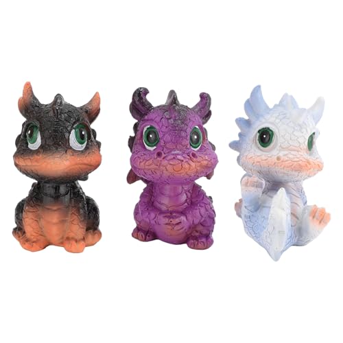 Fuchooky Lindo bebé dragón Figuras Conjunto de 3 fantasía caprichosa decoración para el hogar Oficina jardín Regalo Grandes Ojos Verdes Mini Estatua