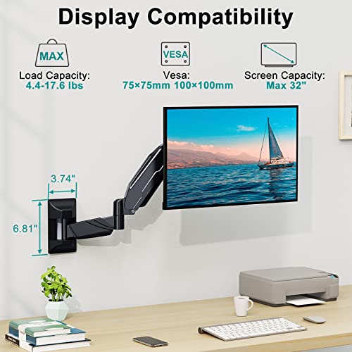 Mount Pro Monitor Wall Mount For 13 To 32 Inch Computer Screens, Single Monitor Arm With Tilt/Swivel/Rotation Adjustable, Gas Spring Wall Monitor Mount Holds Up To 17.6Lbs, Vesa Wall Mount 100X100 #TOP1