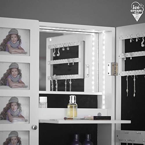 ice cream what's your flavour? Harper - Wall Mounted/Desktop White Jewellery Mirror Cabinet with Internal LED Lights & Photo Frame Bedroom Makeup Storage