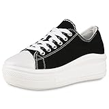 VAN HILL Damen Plateau Sneaker Stoff Schuhe Profilsohle Schnürer Plateauschuhe Schnürschuhe 203137 Schwarz 41